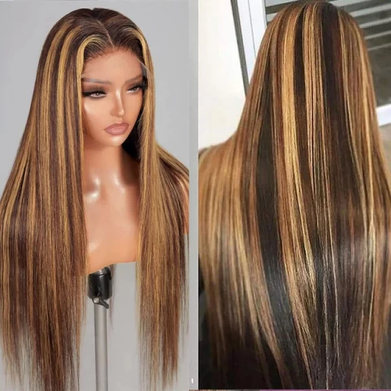 Highlight Ombre 13x6 Straight Human Hair Wig 4/27 Honey Blonde Lace Front Wigs Pre Plucked